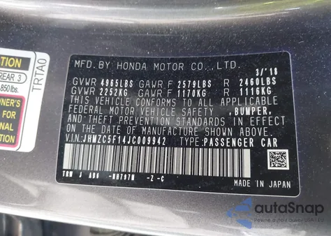 2018 Honda Clarity Plug-In Hybrid из США, поврежденный, VIN JHMZC5F14JC009942